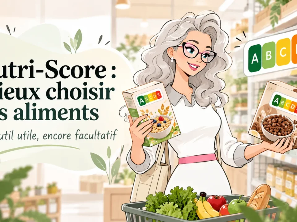 Illustration de Nathalie Leroy, diététicienne-nutritionniste aux cheveux gris-blanc, comparant les Nutri-Score de produits alimentaires dans un supermarché.