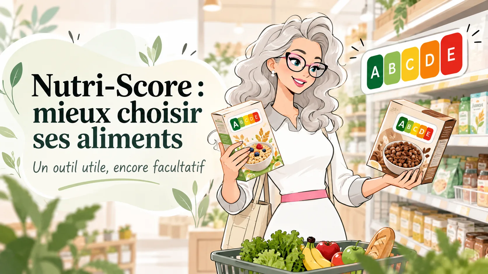 Illustration de Nathalie Leroy, diététicienne-nutritionniste aux cheveux gris-blanc, comparant les Nutri-Score de produits alimentaires dans un supermarché.