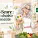 Illustration de Nathalie Leroy, diététicienne-nutritionniste aux cheveux gris-blanc, comparant les Nutri-Score de produits alimentaires dans un supermarché.